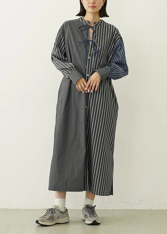 Black Striped Cotton Shirt Dresses Oversized Lace Up Spring