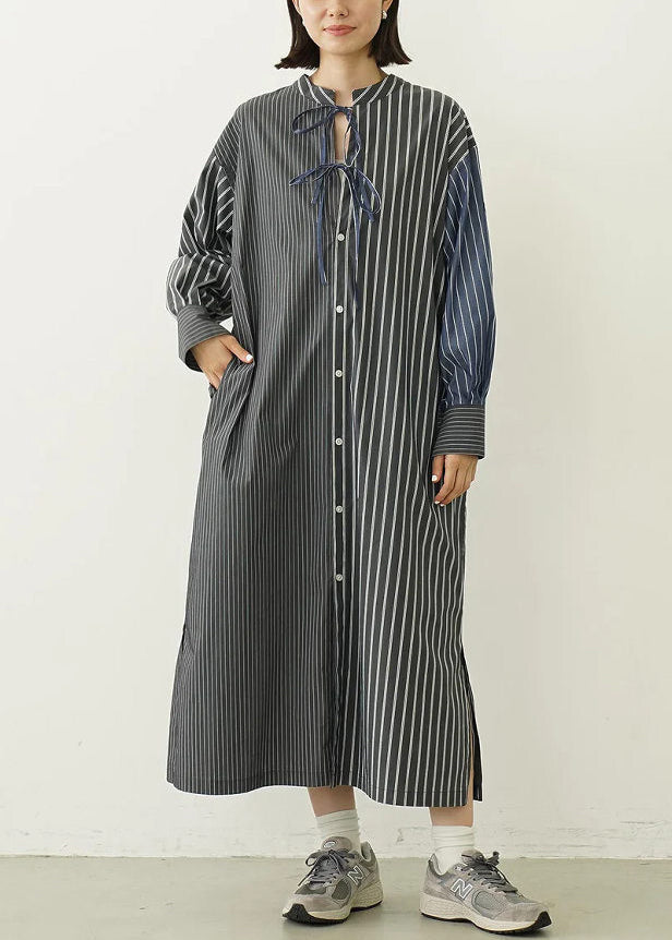 Black Striped Cotton Shirt Dresses Oversized Lace Up Spring