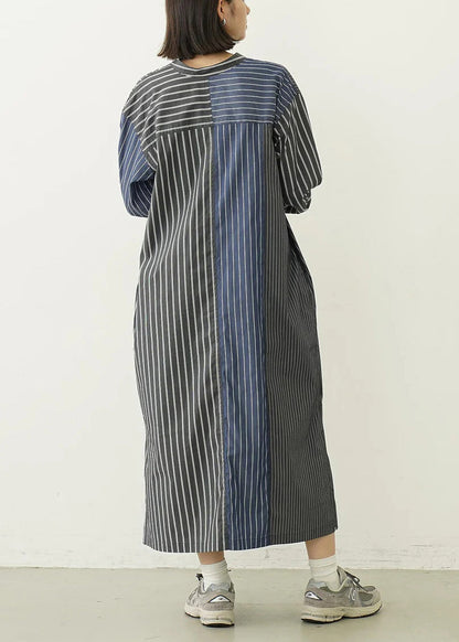 Black Striped Cotton Shirt Dresses Oversized Lace Up Spring