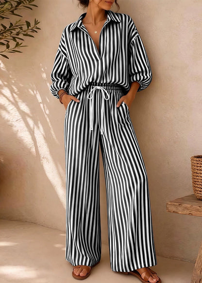 Black Striped Cotton Two Piece Set Outfits Oversized Fall