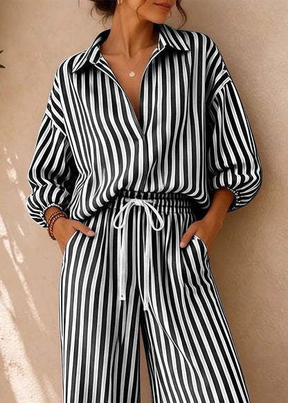 Black Striped Cotton Two Piece Set Outfits Oversized Fall