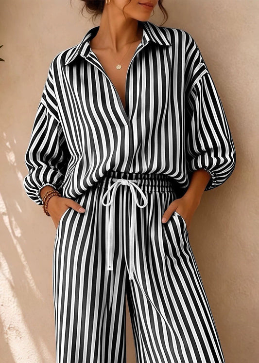 Black Striped Cotton Two Piece Set Outfits Oversized Fall