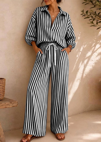 Black Striped Cotton Two Piece Set Outfits Oversized Fall