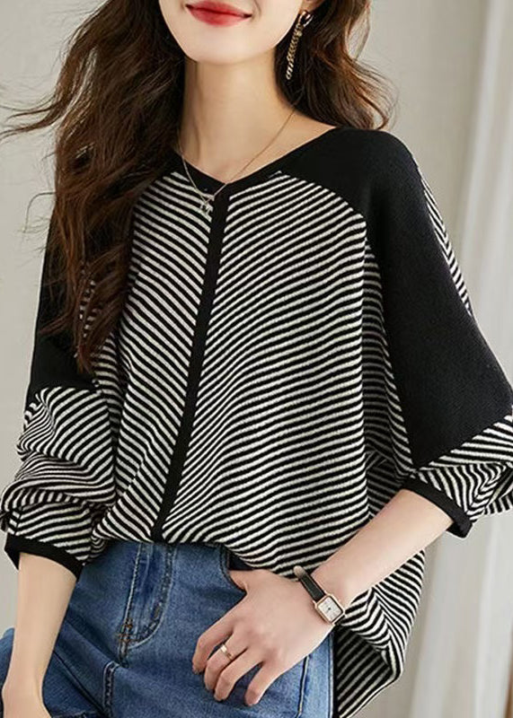 Black Striped Knit Shirt Oversized Batwing Sleeve