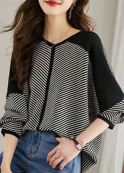 Black Striped Knit Shirt Oversized Batwing Sleeve