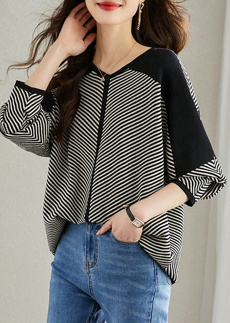 Black Striped Knit Shirt Oversized Batwing Sleeve