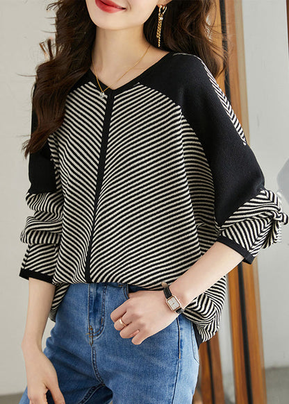 Black Striped Knit Shirt Oversized Batwing Sleeve