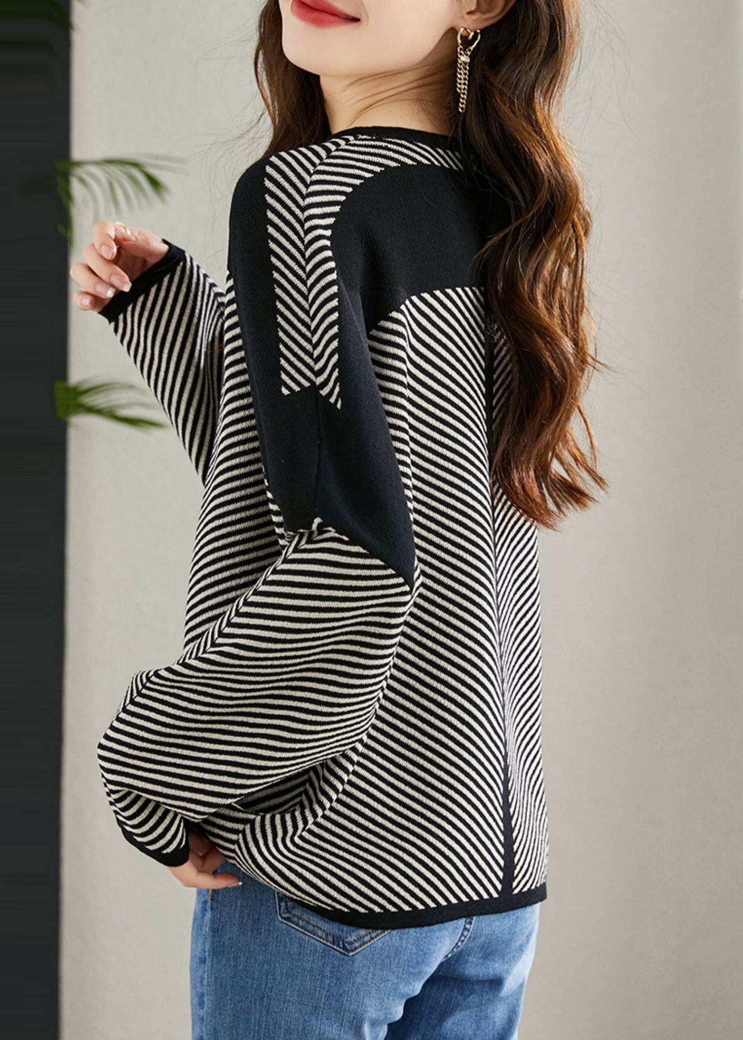 Black Striped Knit Shirt Oversized Batwing Sleeve