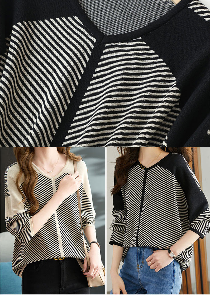 Black Striped Knit Shirt Oversized Batwing Sleeve