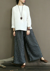 Black Striped Linen Wide Leg Pants Elastic Waist Oversized Summer