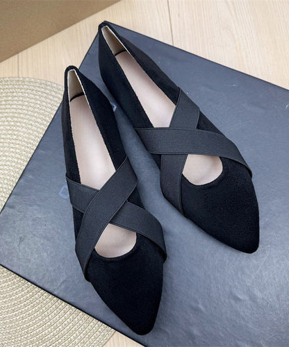 Black Suede Flat Shoes For Women Splicing Cross Strap Pointed Toe