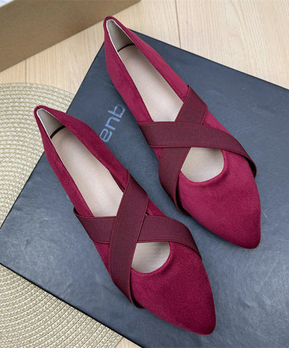 Black Suede Flat Shoes For Women Splicing Cross Strap Pointed Toe