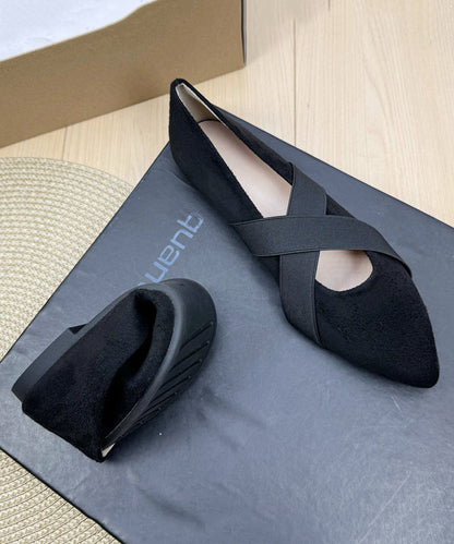 Black Suede Flat Shoes For Women Splicing Cross Strap Pointed Toe