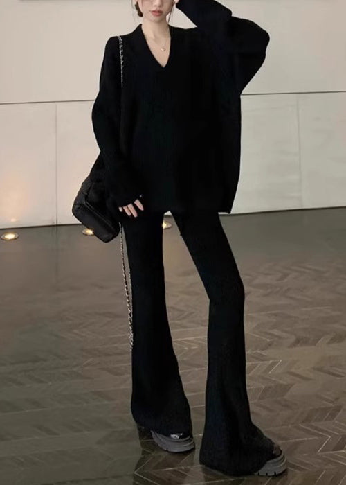 Black Sweaters And Flared Trousers Knit Two Pieces Set V Neck