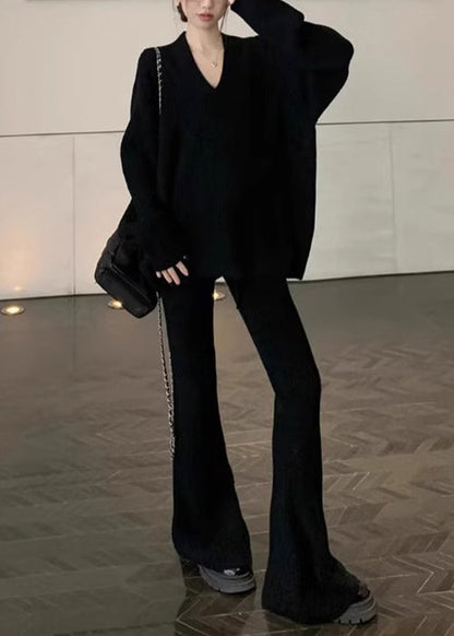 Black Sweaters And Flared Trousers Knit Two Pieces Set V Neck