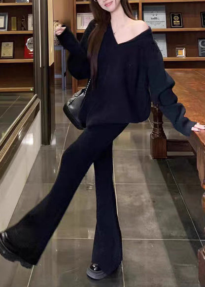 Black Sweaters And Flared Trousers Knit Two Pieces Set V Neck