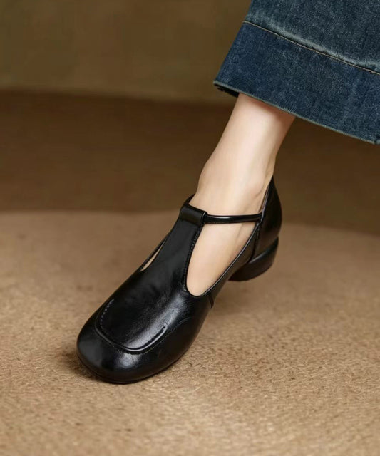 Black T Strap Cowhide Leather Low Heel Shoes