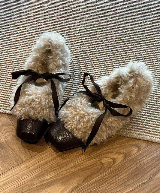 Black Teddy Faux Fur Lace Up Bow Wedge Ballet Shoes