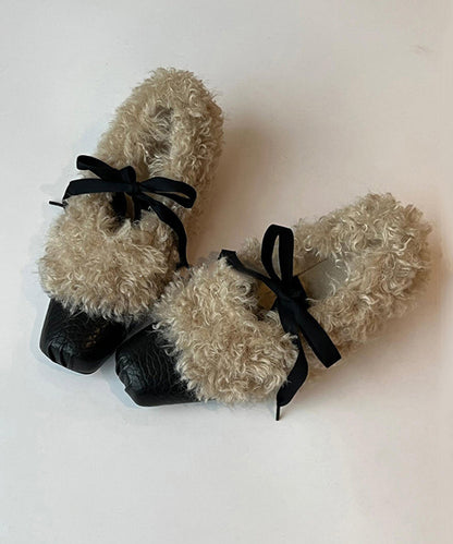 Black Teddy Faux Fur Lace Up Bow Wedge Ballet Shoes