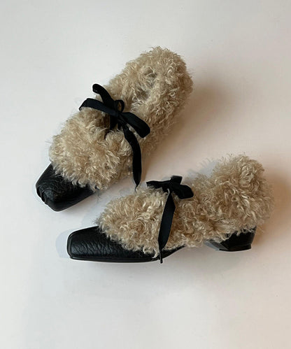 Black Teddy Faux Fur Lace Up Bow Wedge Ballet Shoes