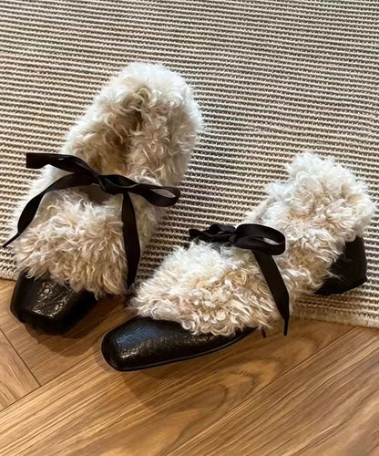 Black Teddy Faux Fur Lace Up Bow Wedge Ballet Shoes