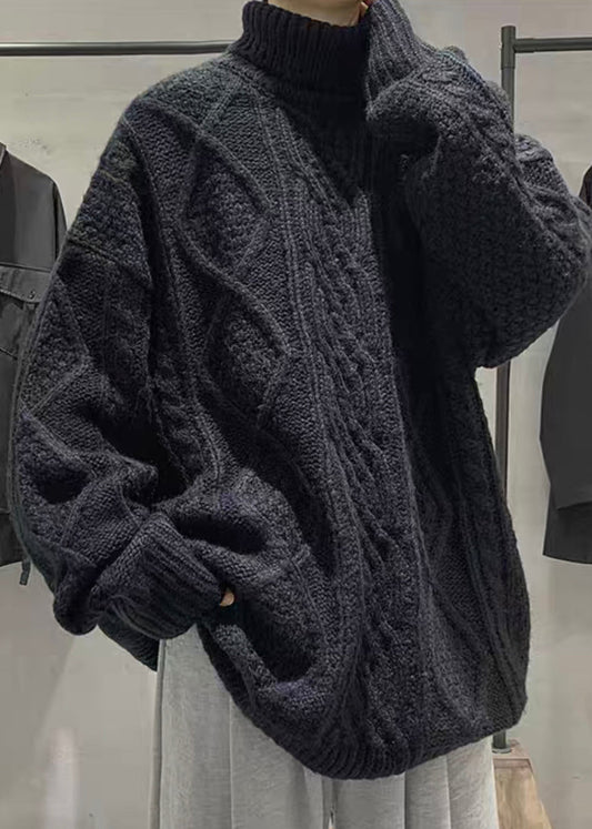 Black Thick Cable Knit Men Sweaters Turtleneck Winter