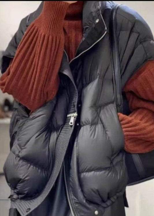 Black Thick Fine Cotton Filled Vests Zip Up Drawstring Winter