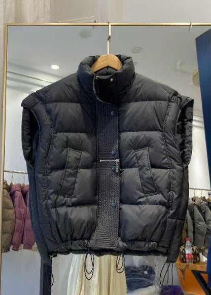 Black Thick Fine Cotton Filled Vests Zip Up Drawstring Winter