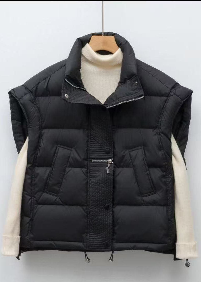 Black Thick Fine Cotton Filled Vests Zip Up Drawstring Winter