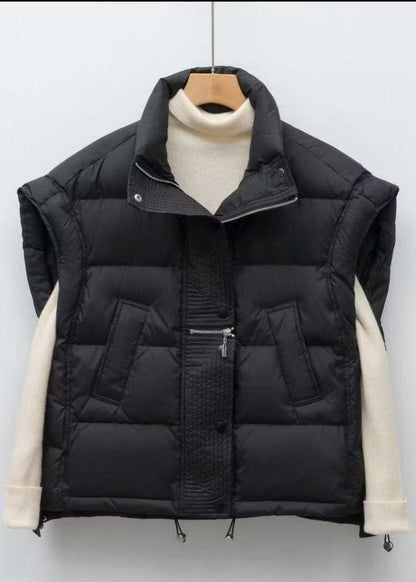 Black Thick Fine Cotton Filled Vests Zip Up Drawstring Winter