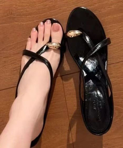 Black Thong Sandals Wedge Faux Leather Comfy Splicing