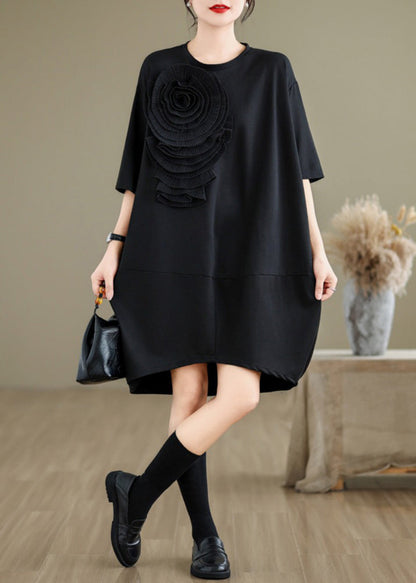 Black Three-dimensional Floral Cotton Tea Dress Oversized Summer