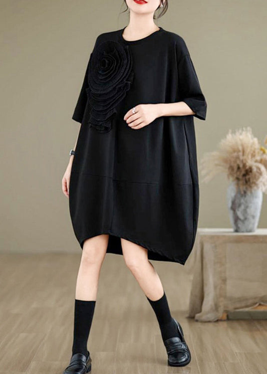 Black Three-dimensional Floral Cotton Tea Dress Oversized Summer