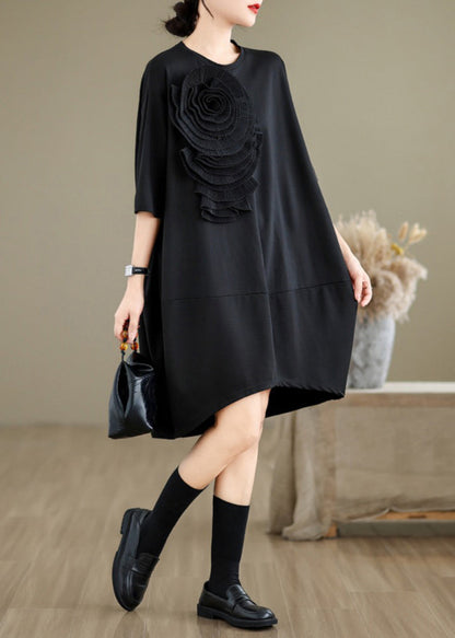 Black Three-dimensional Floral Cotton Tea Dress Oversized Summer