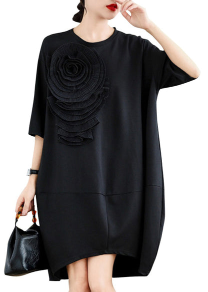 Black Three-dimensional Floral Cotton Tea Dress Oversized Summer