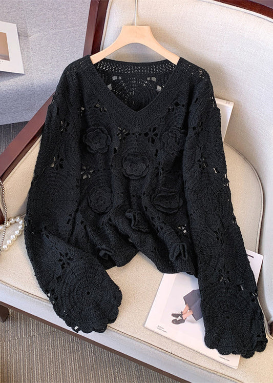Black Three-dimensional Floral Knit Pullover Hollow Out Fall