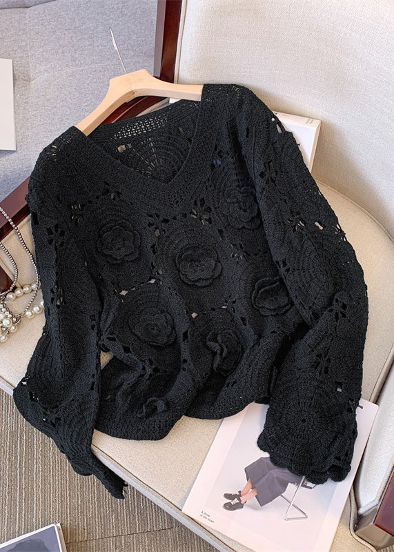 Black Three-dimensional Floral Knit Pullover Hollow Out Fall