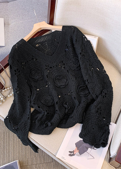 Black Three-dimensional Floral Knit Pullover Hollow Out Fall