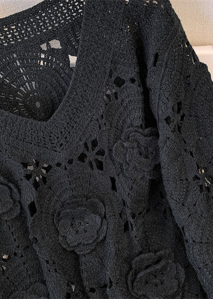 Black Three-dimensional Floral Knit Pullover Hollow Out Fall
