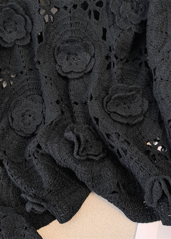 Black Three-dimensional Floral Knit Pullover Hollow Out Fall