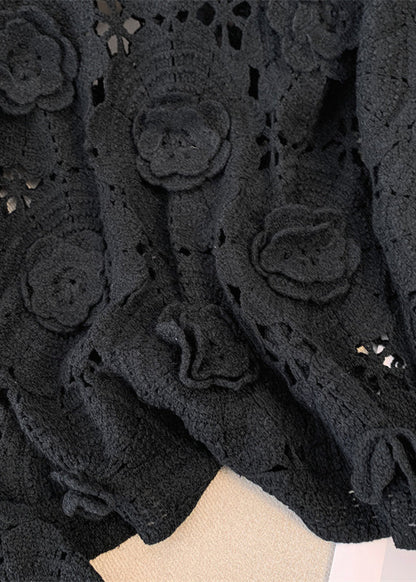 Black Three-dimensional Floral Knit Pullover Hollow Out Fall