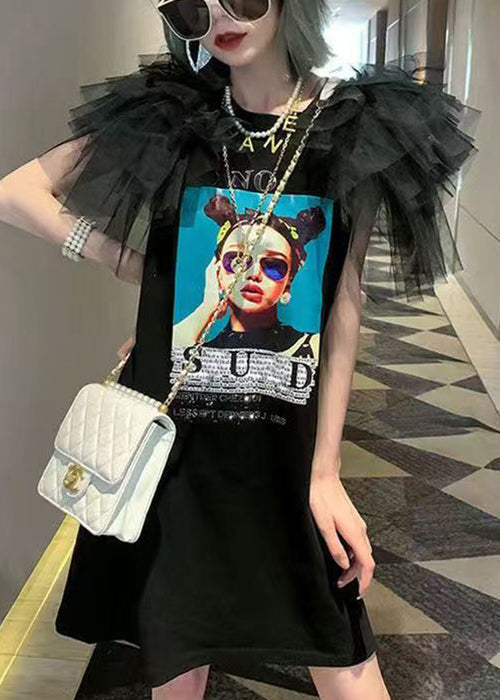 Black Tulle Patchwork Cotton Summer T Shirt Dress O-Neck