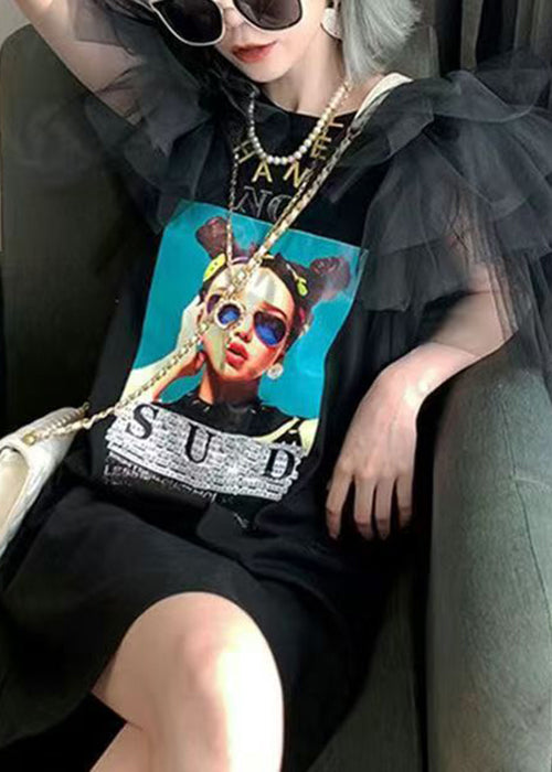 Black Tulle Patchwork Cotton Summer T Shirt Dress O-Neck