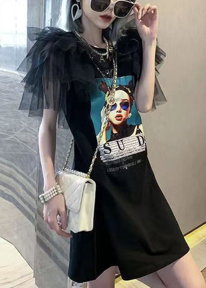 Black Tulle Patchwork Cotton Summer T Shirt Dress O-Neck