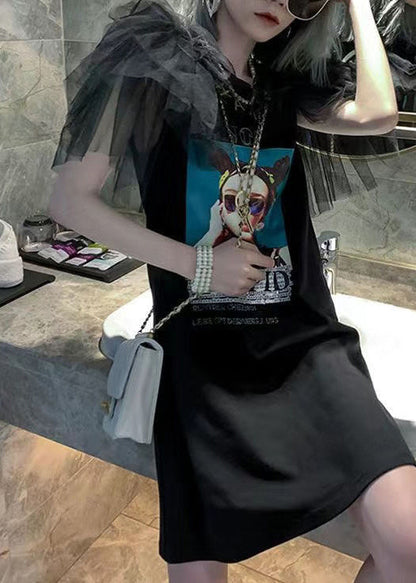 Black Tulle Patchwork Cotton Summer T Shirt Dress O-Neck