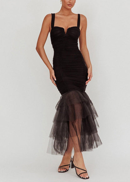 Black Tulle Patchwork Spaghetti Strap Dress Wrinkled Summer