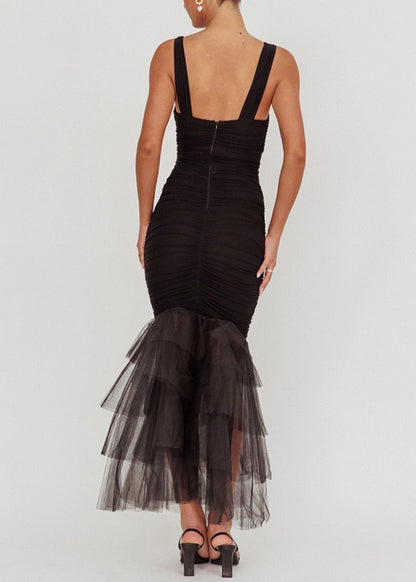 Black Tulle Patchwork Spaghetti Strap Dress Wrinkled Summer