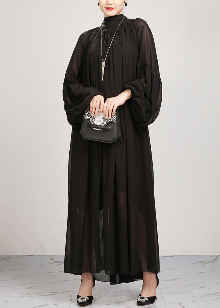 Black Turtleneck Chiffon Maxi Dresses Lantern Sleeve