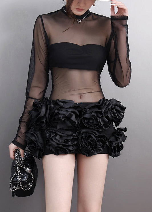 Black Turtleneck Floral Tulle Mid Dress Long Sleeve