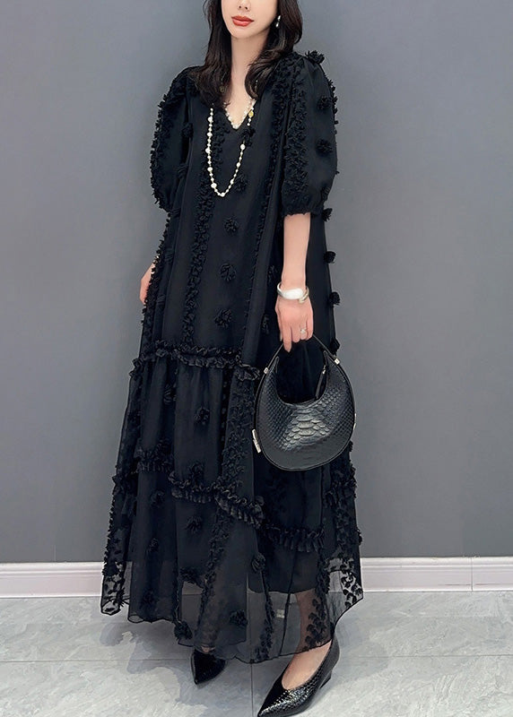 Black V Neck Floral Tulle Maxi Dresses Short Sleeve